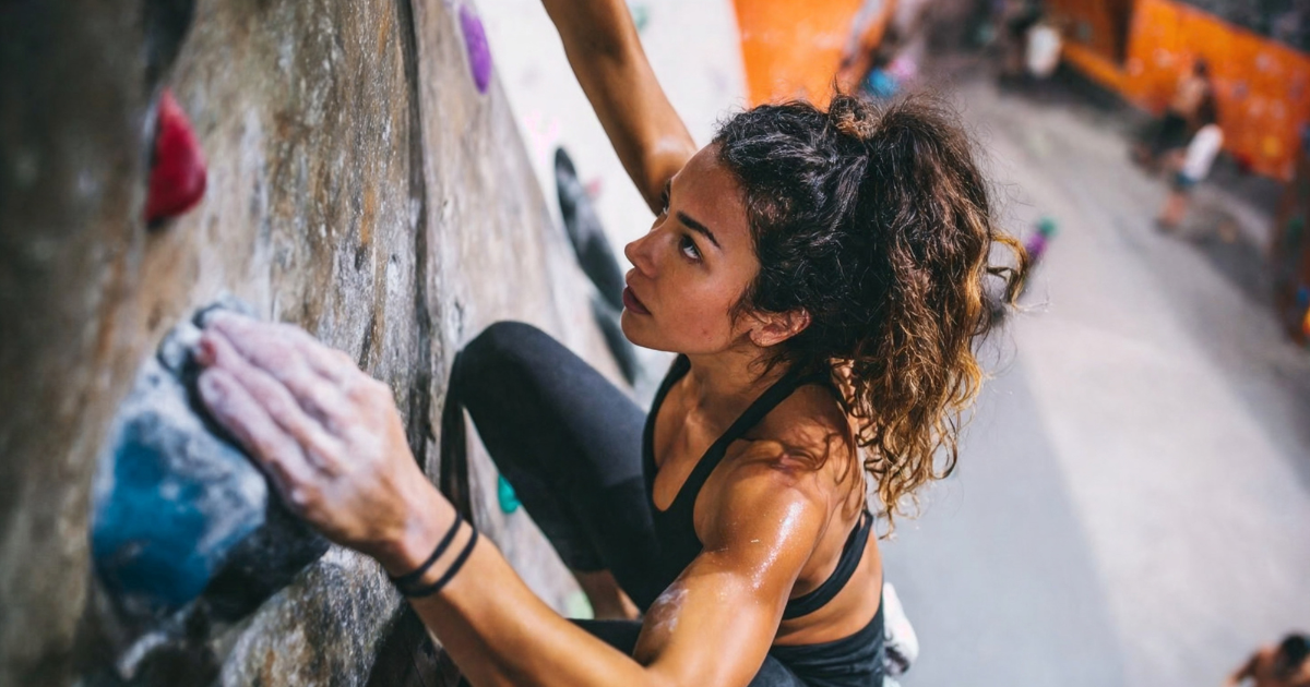 Woman rock climbing at an indoor gym.